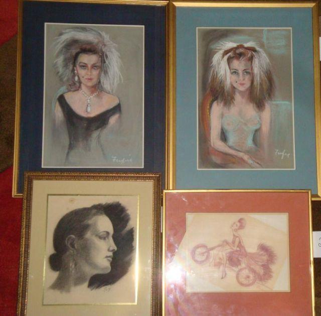 Appraisal: FUFIE Pastel Fashion Sketches and Charcoal Portrait by J C