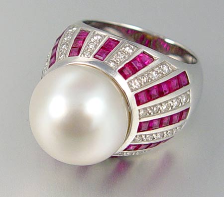 Appraisal: K GOLD RING WITH SOUTH SEA WHITE PEARL RUBIES AND