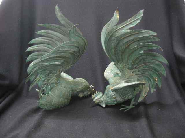 Appraisal: Pair of Brass Fighting Cocks green finish ''