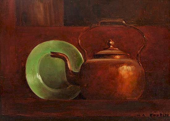 Appraisal: Marc-Aurele Fortin Canadian - Copper Kettle with Green Plate Marc-Aurele