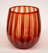 Appraisal: Amberina Ribbed Vase Somewhat barrel shaped heavier at bottom ribbed