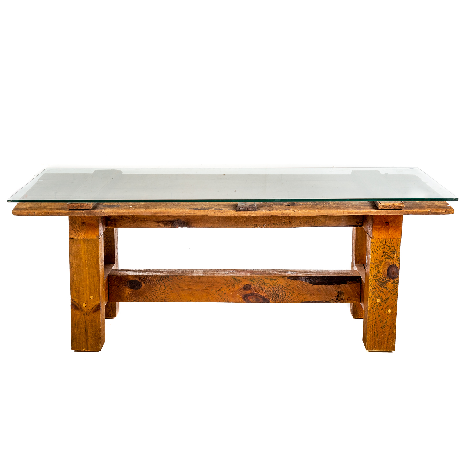 Appraisal: AMERICAN RUSTIC BARN WOOD GLASS TOP DINING TABLE th century