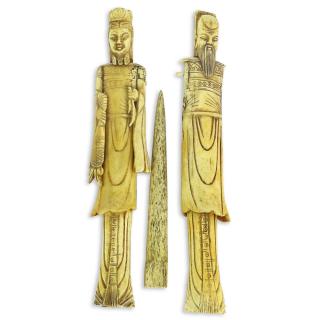 Appraisal: Collection of Two Carved Bone Figures and a Bone Implement