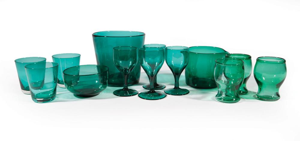 Appraisal: Group of Antique Green Blown Glass Tableware incl wine rinser