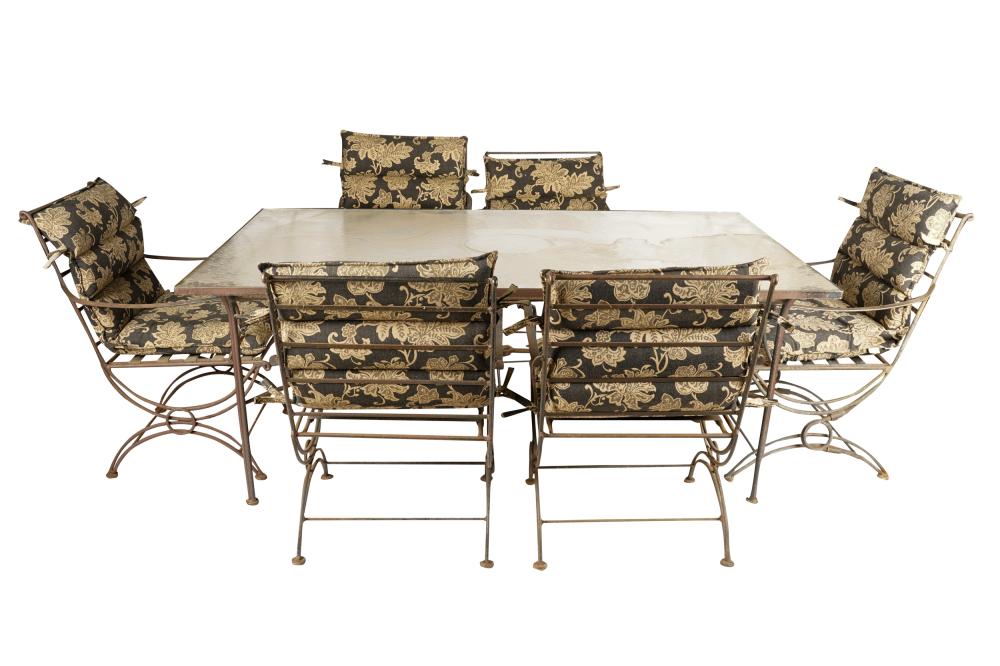 Appraisal: IRON GLASS PATIO SETiron and glass dining table nine armchairs