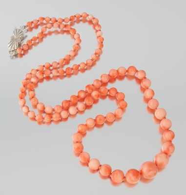 Appraisal: Graduated Rose Coral Bead Necklace k white gold shell-design clasp