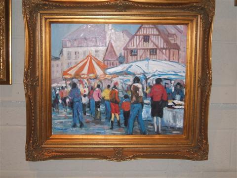 Appraisal: EUROPEAN MARKET SCENE Oil on canvas x in sight Framed