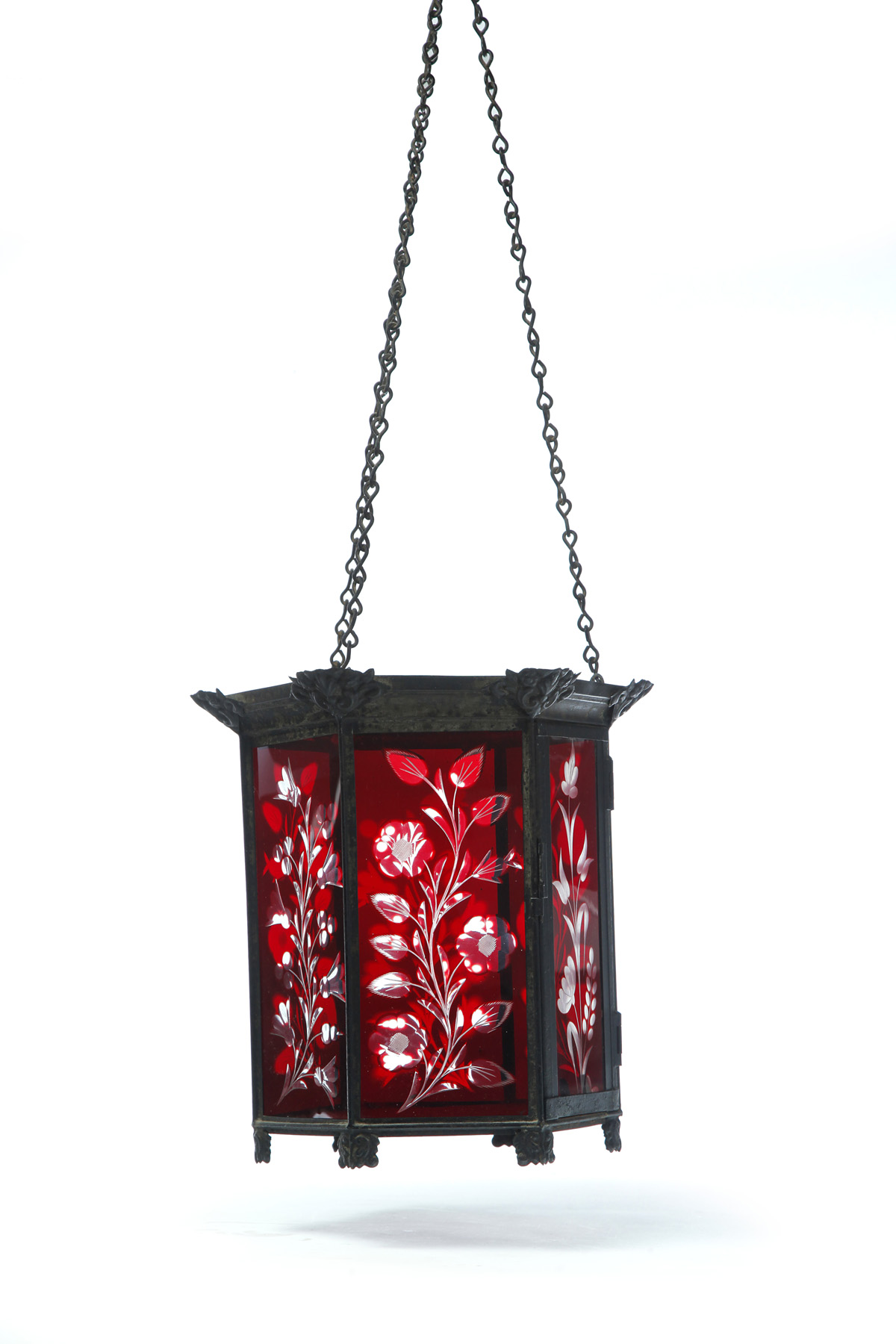 Appraisal: HEXAGONAL HANGING HALL LAMP American rd quarter- th century Ruby