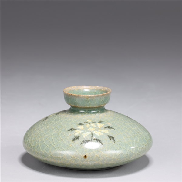 Appraisal: Korean celadon glazed ceramic jar likely for oil in circular