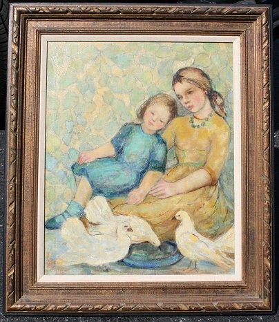 Appraisal: EXCEPTIONAL OIL CANVAS IMPRESSIONIST PAINTING OF MOTHER AND DAUGHTER FEEDING