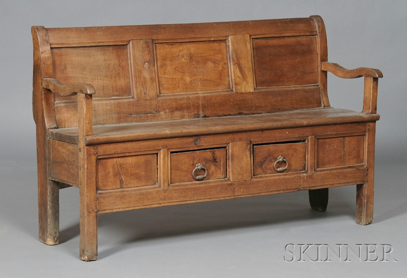 Appraisal: Continental Baroque-style Walnut Bench th century with paneled backrest and