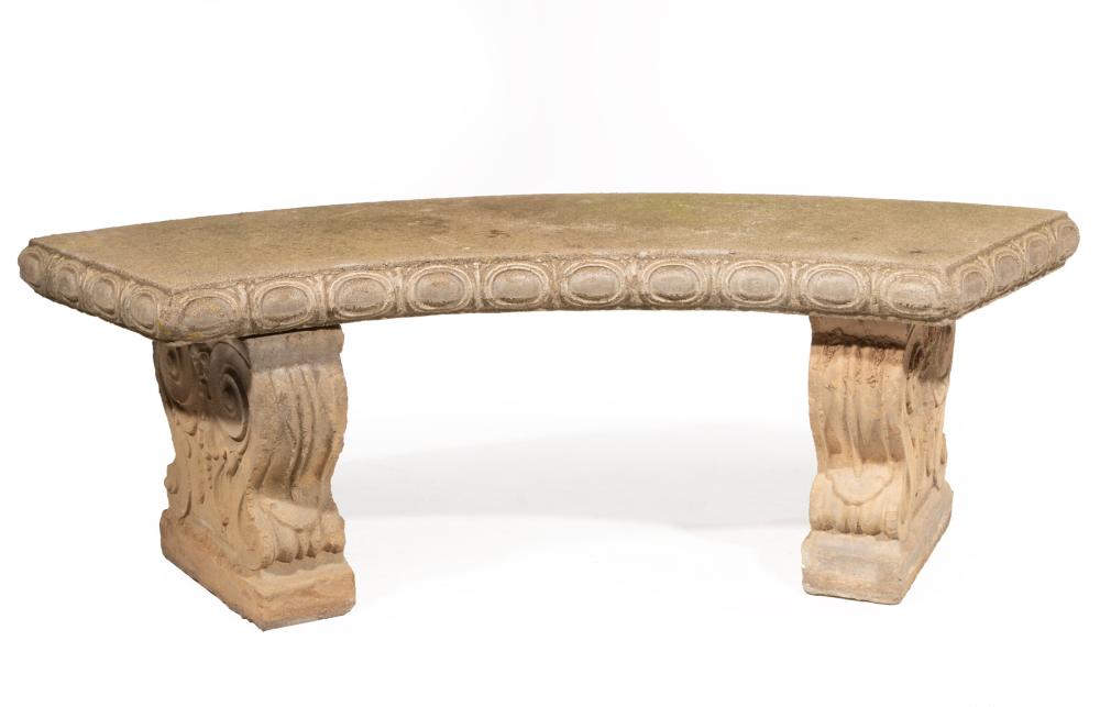 Appraisal: Classical-Style Molded Stone Garden Bench incurvate seat heavily scrolled supports