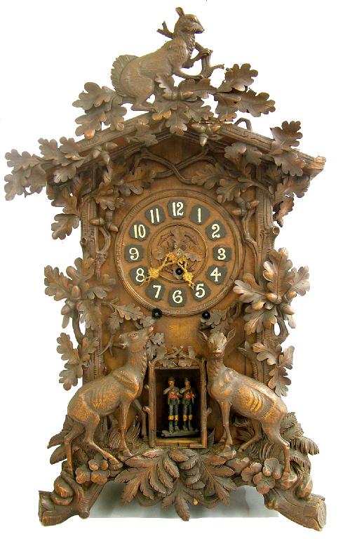 Appraisal: Good large Black Forest three train trumpeter mantel clock the