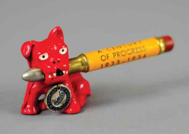 Appraisal: BULL DOG PAPERWEIGHT WITH WORLD'S FAIR PENCIL AND Cast iron