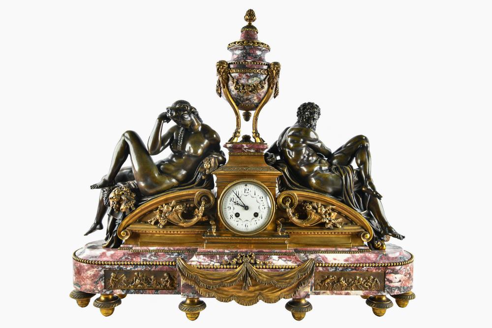 Appraisal: FRENCH MARBLE BRONZE FIGURAL MANTEL CLOCKdepicting night and day with