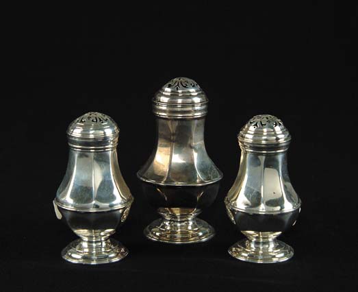 Appraisal: THREE ENGLISH PEPPER POTS London All of similar design Domed