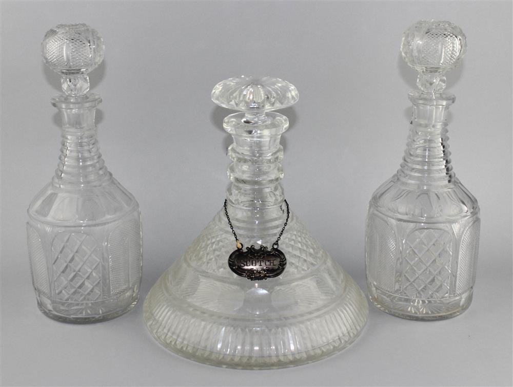 Appraisal: TWO VICTORIAN MALLET SHAPED CUT GLASS DECANTERS AND STOPPERS late