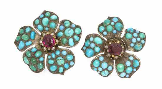 Appraisal: A Pair of Victorian Silver Gold Turquoise Garnet and Diamond