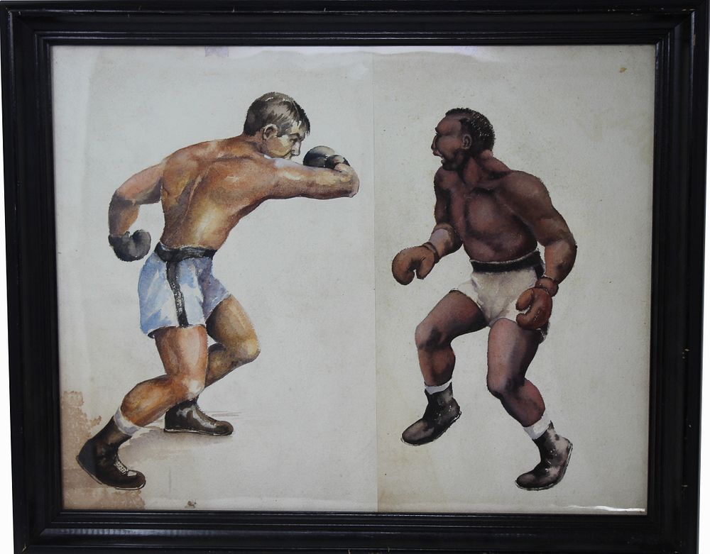 Appraisal: WPA Style Watercolor of Two Boxers WPA Style Watercolor of