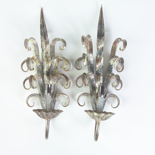 Appraisal: Pair of metal foliate wall sconces with remains of paint