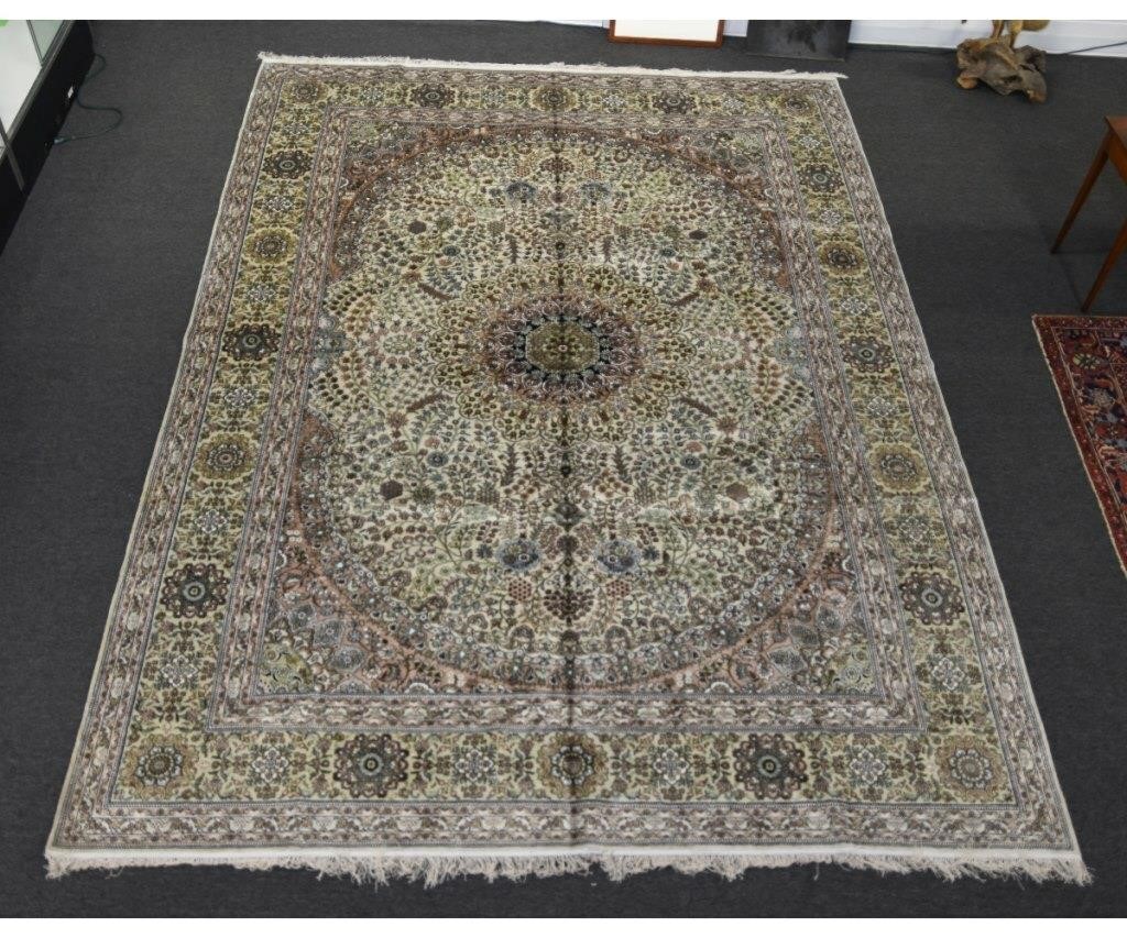 Appraisal: Palace sized Persian silk carpet with overall beige field center