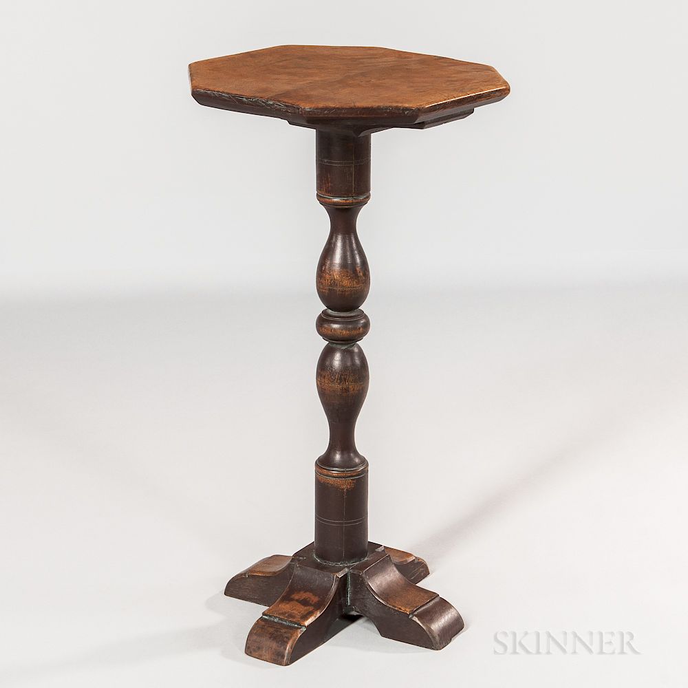 Appraisal: Brown-painted Octagonal-top Cross-base Candlestand Brown-painted Octagonal-top Cross-base Candlestand New England