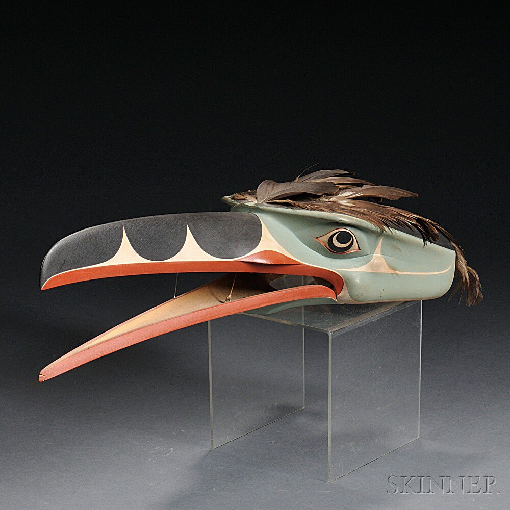 Appraisal: Contemporary Polychrome Carved Wood Raven Mask with articulated beak with