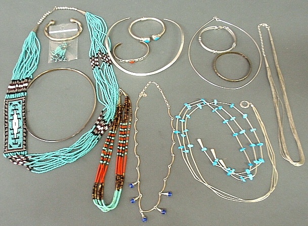 Appraisal: - Group of silver necklaces and bangle cuff bracelets to