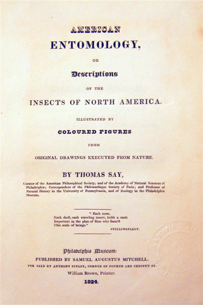 Appraisal: vols Say Thomas American Entomology or Descriptions of The Insects