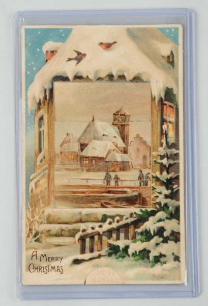 Appraisal: Mechanical Shutter Santa Postcard Winter scene changes to Santa in