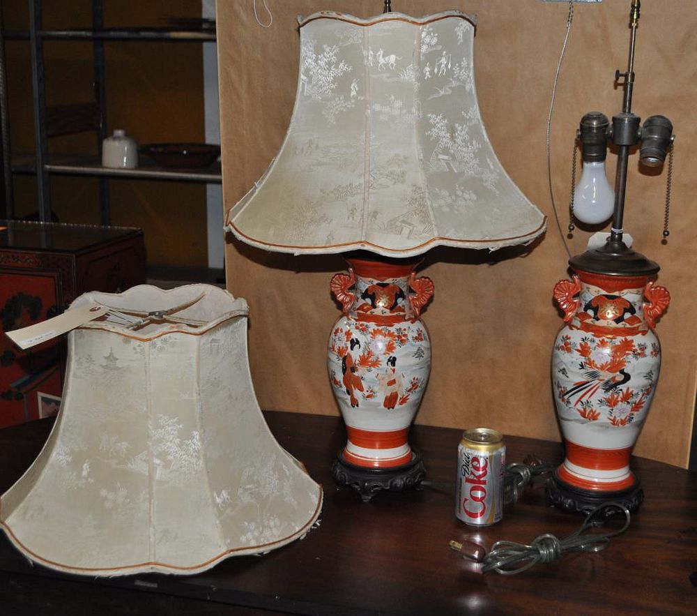 Appraisal: Pair Asian Porcelain Vases As Lamps in brilliant orange with