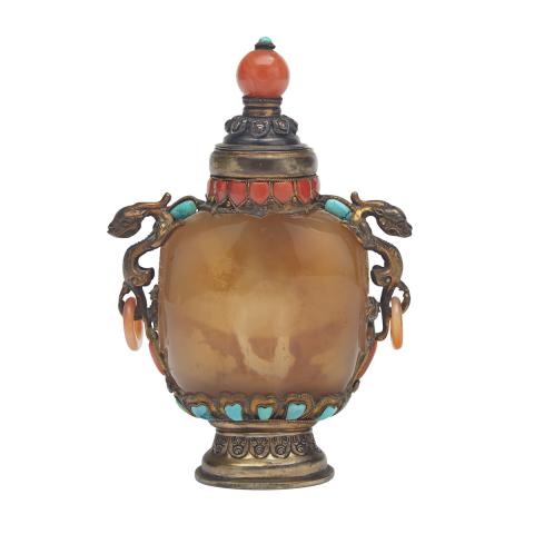 Appraisal: Large Metal-Mounted Agate Snuff Bottle th Century The uncarved agate