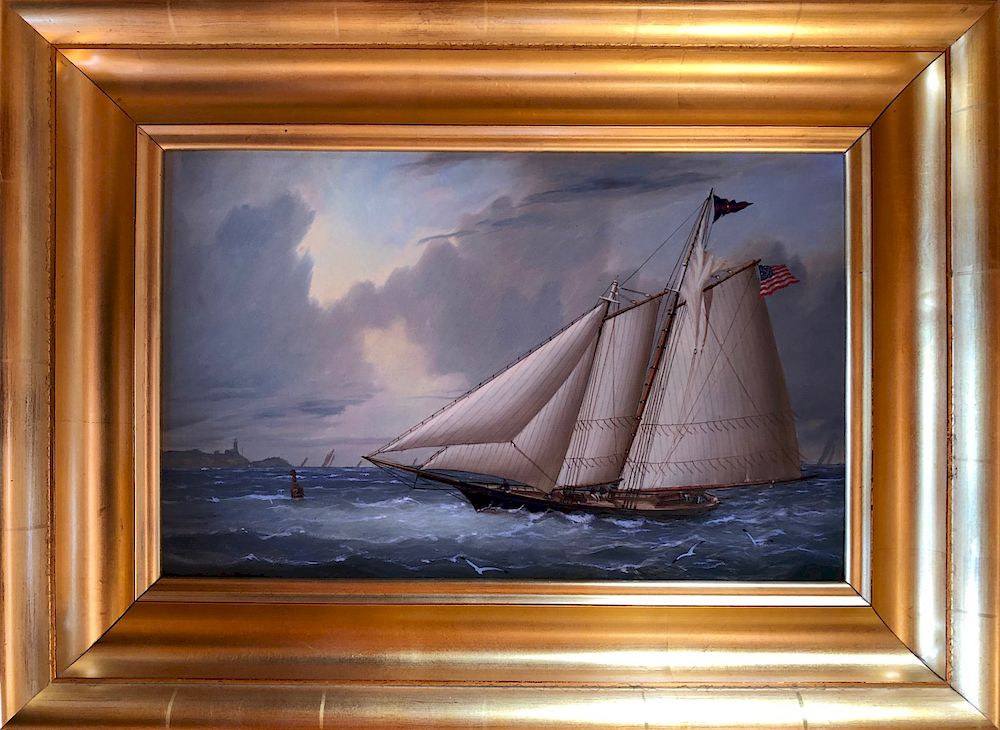 Appraisal: Decorative Maritime Painting Two Masted U S Sailing Yacht Rounding