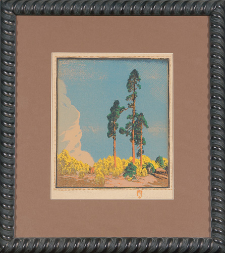 Appraisal: GUSTAVE BAUMANN Color woodblock print Three Pines matted and framed