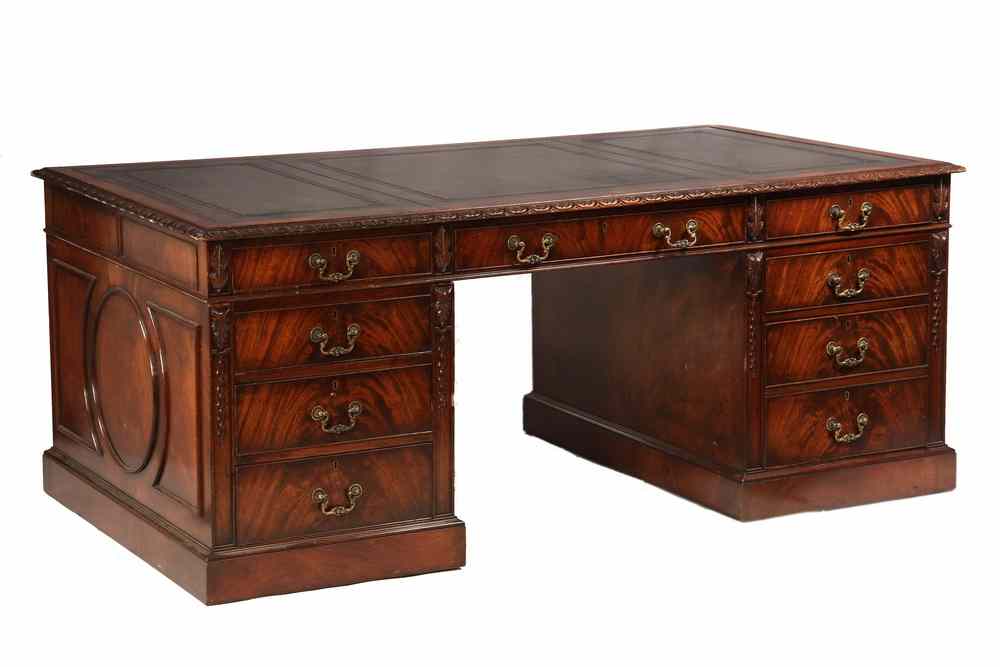 Appraisal: EXECUTIVE DESK - British Chippendale Style Mahogany Leather-top Executive Desk