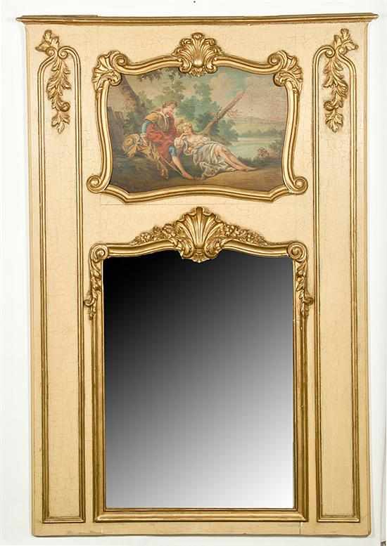 Appraisal: French painted trumeau mirror early th century rectangular frame housing