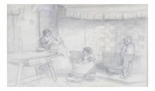 Appraisal: Interior Scene Charcoal on Paper Interior scene of figures in