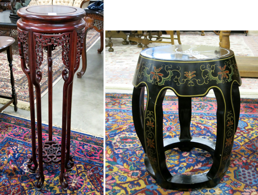 Appraisal: ROSEWOOD PLANT STAND AND BLACK LACQUER STOOL Chinese th century