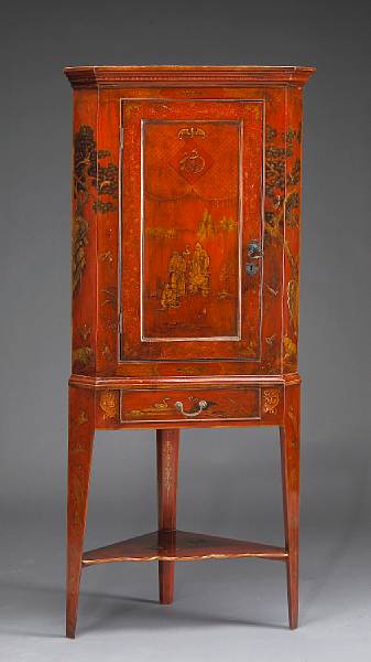 Appraisal: A George III scarlet japanned corner cabinet on later stand