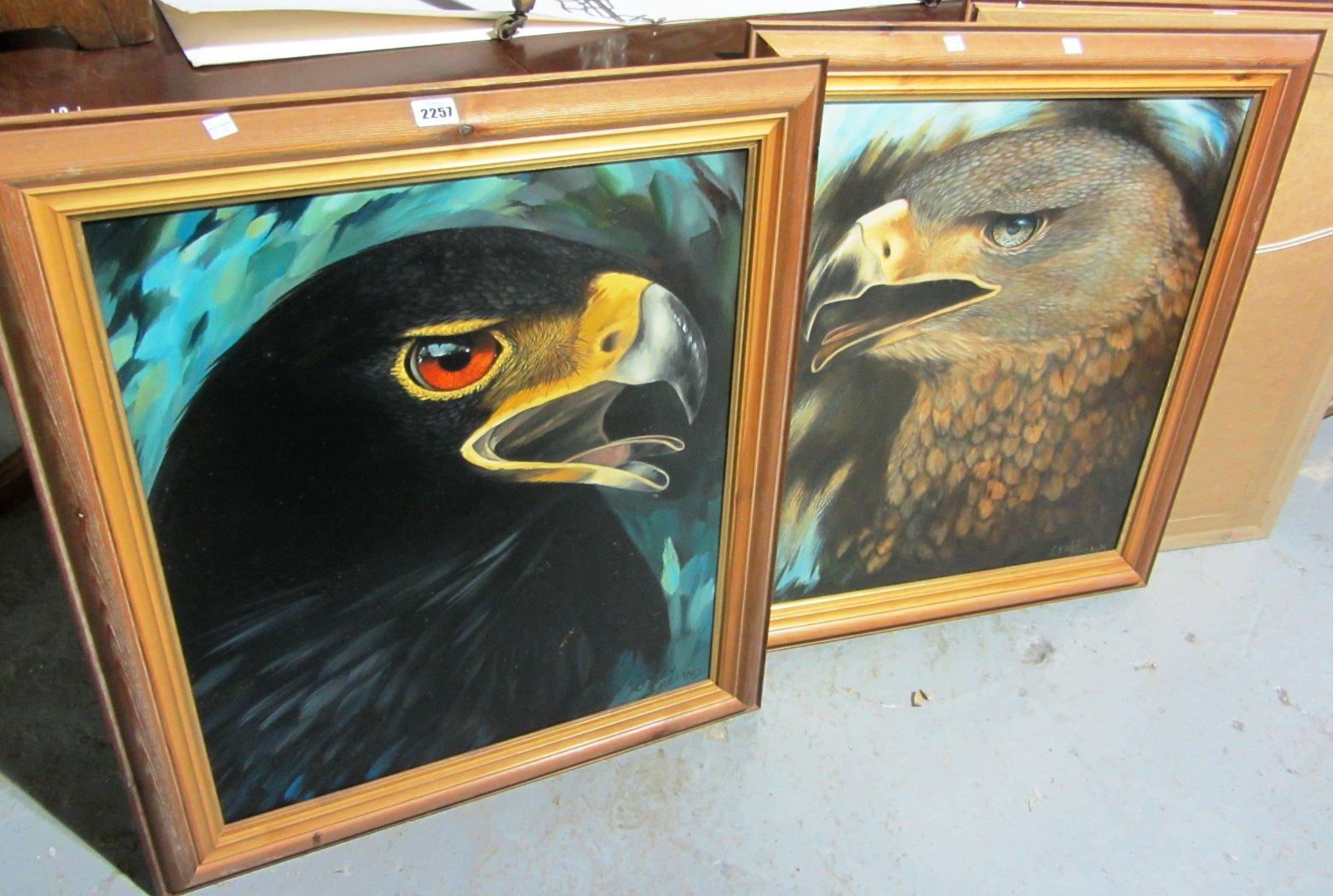 Appraisal: Lesley Island th century Birds of Prey a pair oil