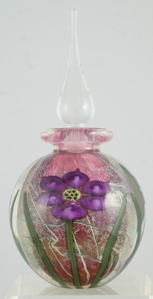 Appraisal: Vandermark Art Glass perfume bottle with burgundy flowers signed on