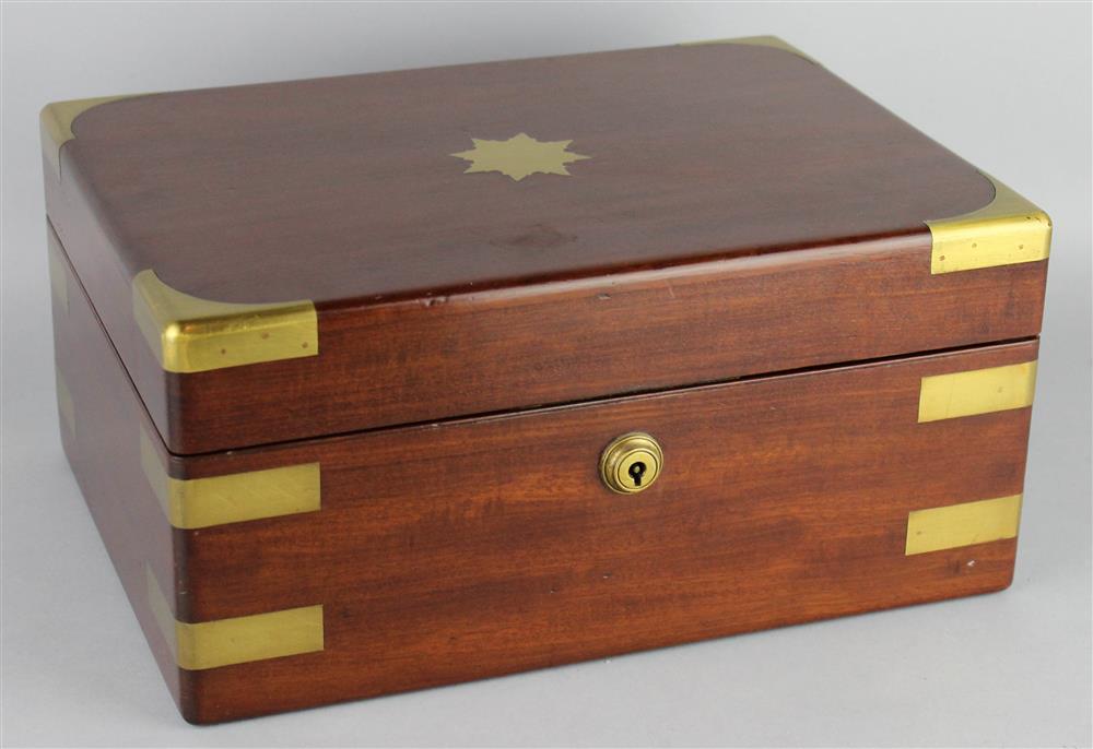 Appraisal: BRASS TRIMMED MAHOGANY DRESSING BOX the rectangular box with inlaid