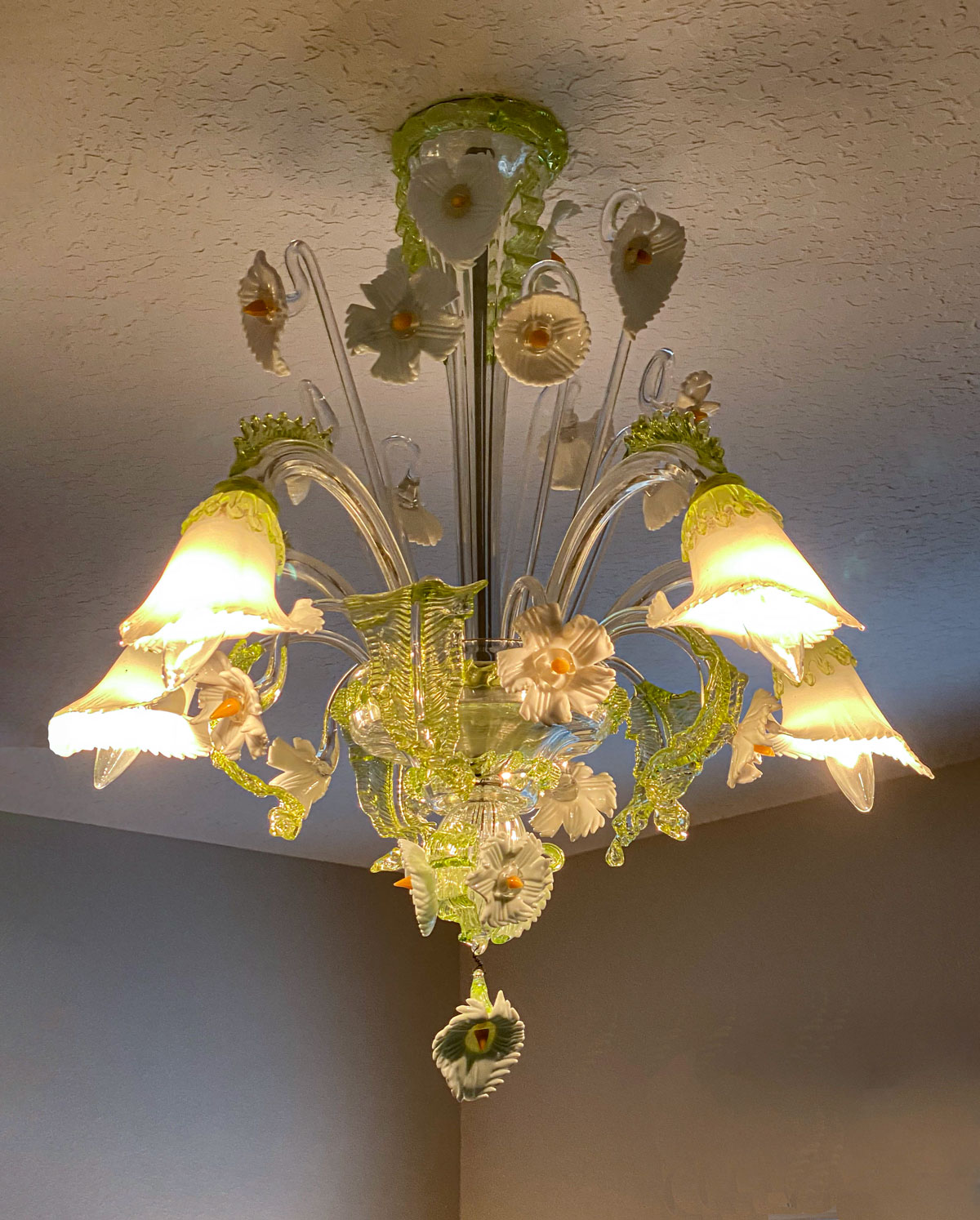 Appraisal: GREEN TO YELLOW VENETIAN MURANO GLASS CHANDELIER A colorful four