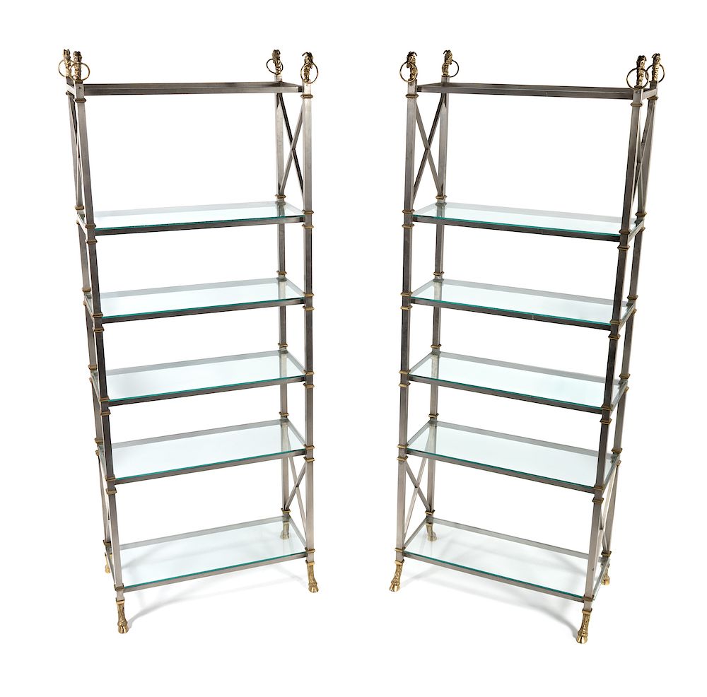 Appraisal: Pair of Silvered Metal and Glass Shelves A Pair of