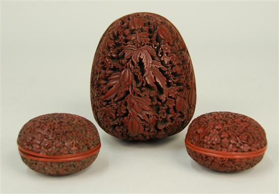 Appraisal: THREE CHINESE CARVED BROWN LACQUER BOXES th century including two