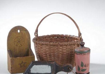 Appraisal: FOUR EARLY AMERICAN TABLE OBJECTS Comprising a yellow wall box