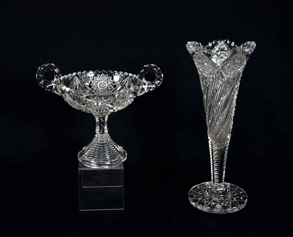 Appraisal: AMERICAN BRILLIANT PIECE CUT GLASS COMPOTE HAWKES VASE To include