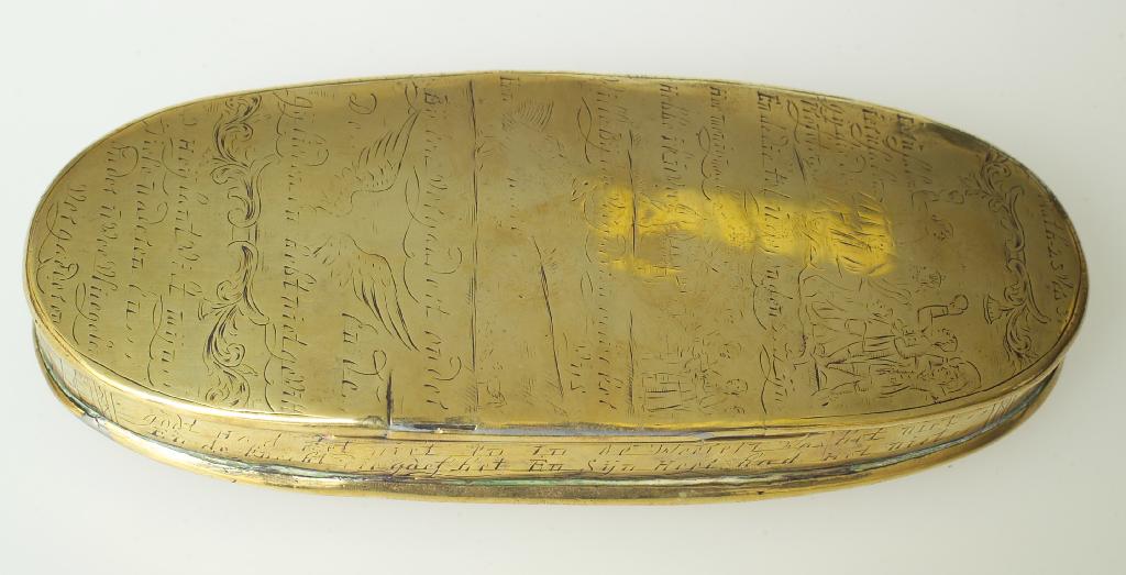 Appraisal: DUTCH BRASS TOBACCO BOX th CENTURY of oval form engraved