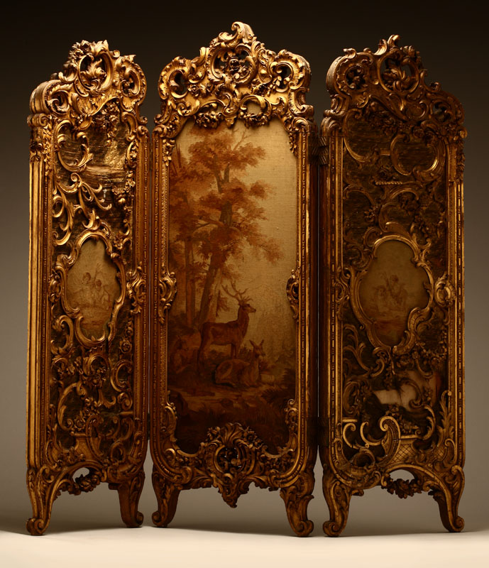 Appraisal: A Louis XV style giltwood gilt gesso and tapestry three-panel