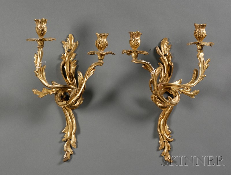 Appraisal: Pair of Dore Bronze Two-light Wall Sconces th century each